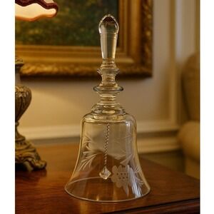 Vintage Etched Glass Bell Floral Pattern Clear Crystal Bell Decor